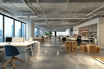 Modern Office Space in the Process of Relocation Empty Work Stations and Cardboard Boxes Indicate an Upcoming Move.