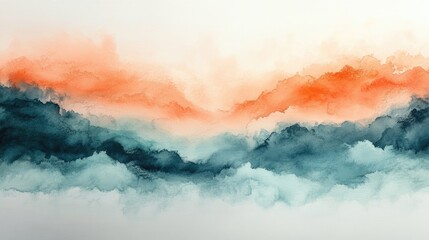 Abstract watercolor landscape with vibrant orange and teal hues, evoking a serene atmosphere