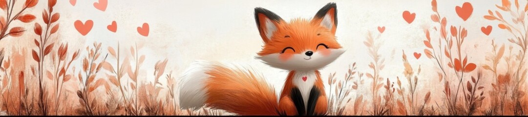 Fototapeta premium Cute Fox with Hearts and Soft Floral Background. Generative AI