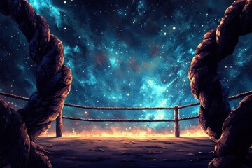 Fototapeta premium Boxing ring with ropes set against a cosmic background