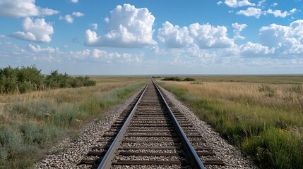 Fototapeta premium Endless railway tracks stretching through grassy fields under a bright blue sky : Generative AI