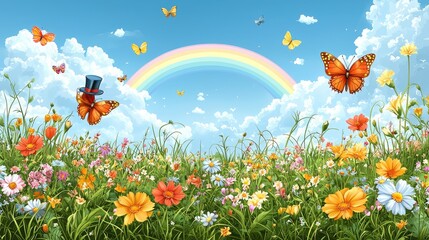 Vibrant meadow filled with colorful flowers and butterflies under a bright rainbow sky