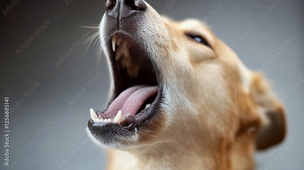 Poster Close up of a large dog yawning showing teeth and expressing a relaxed demeanor : Generative AI