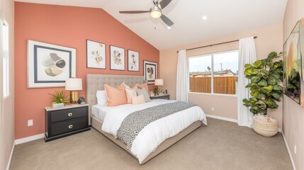 A modern bedroom with an accent wall painted in Peach Fuzz for a soft touch.