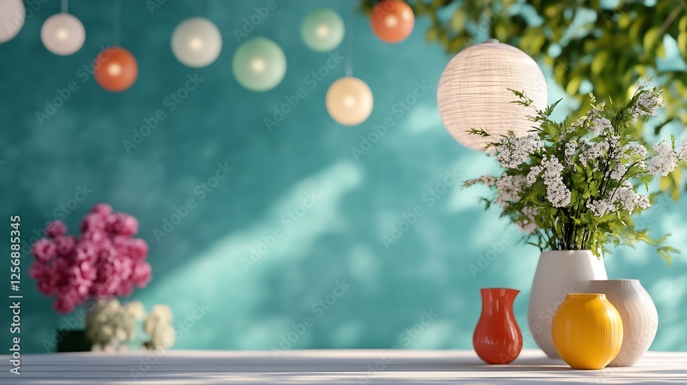 Poster bright and cheerful arrangement of vases and flowers in a fresh and airy interior setting : generati