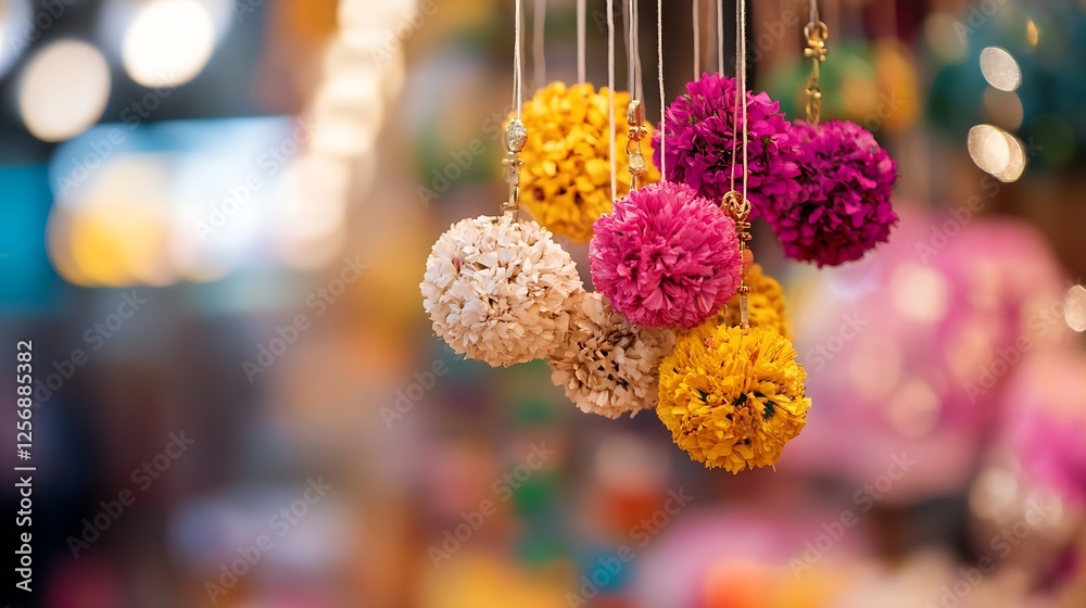 Aufkleber vibrant and colorful pom pom decorations hanging in a festive setting with blurred background : gene