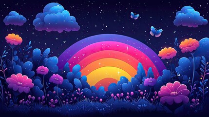 Vibrant digital landscape featuring a colorful rainbow, flowers, and butterflies under a starry night sky