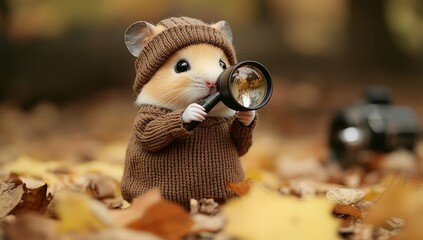 Obraz premium Adorable Hamster Investigates Autumn Leaves with Magnifying Glass, Wearing Knit Sweater Outdoors