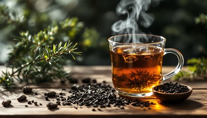 Glass Cup of Hot Tea with a steaming steam on a Wooden Table with a blurry background and lush green scenery