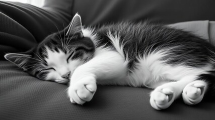 A black and white fluffy cat peacefully sleeping on a grey couch, pet, black and white, comfortable