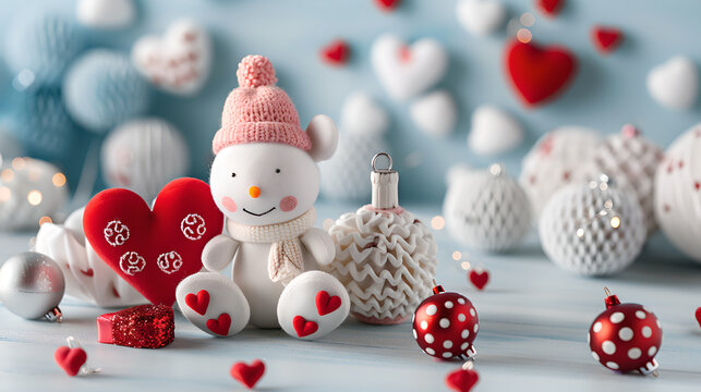 cheerful snowman with pink hat and heart decorations surrounded by festive ornaments - Powered by Adobe