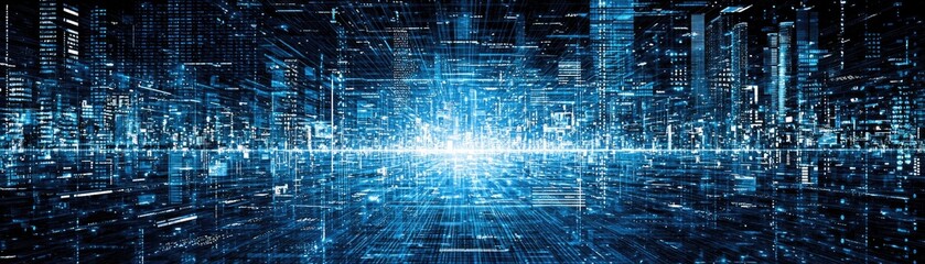 Fototapeta premium Digital city data stream, glowing core, abstract background, tech concept