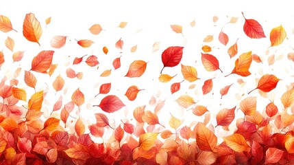 Vibrant autumn leaves swirling and falling against a white background, creating a seasonal atmosphere