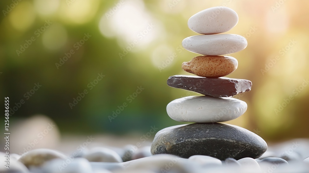 Poster artistic display of stacked stones symbolizing balance and harmony against blurred background : gene