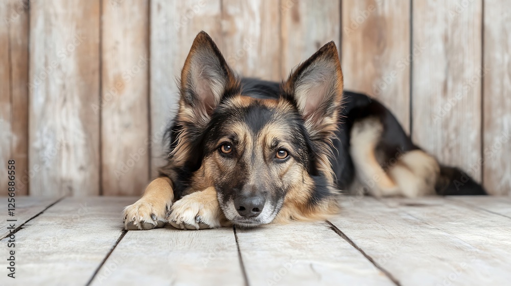 Poster stunning close up of a relaxed dog resting on rustic wooden floor with attentive eyes : generative a