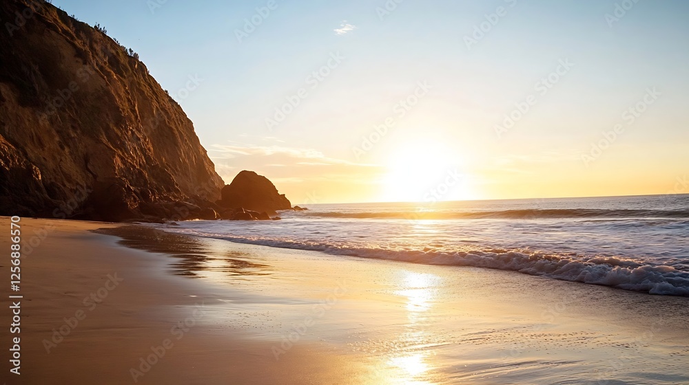 Aufkleber serene sunset view over tranquil beach with gentle waves lapping against golden sand : generative ai