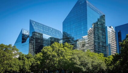 Obraz premium Modern Architectural Marvels Embracing Urban Greenery in a Sunny Cityscape