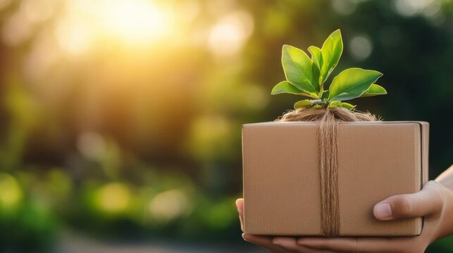 Sustainable Growth Concept with Box and Plant on Hands. Generative AI