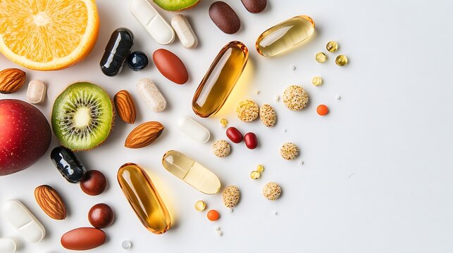 Food and vitamin supplements in tablets, on a white background
