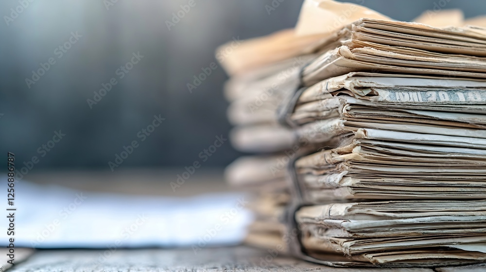 Poster Stacked Old Papers and Files Creating a Historical Record of Documents and Information : Generative AI