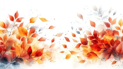 Vibrant autumn leaves in watercolor style, blending warm colors against a white background