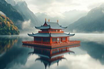Obraz premium Serene Pavilion on Misty Lake, Mountainscape