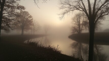 Naklejka premium Serene Autumn Mist over Calm Water