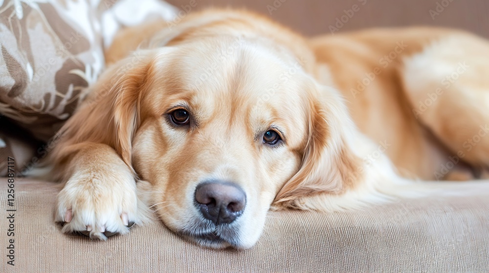 Poster cute golden retriever dog lying comfortably on a couch with soft texture : generative ai