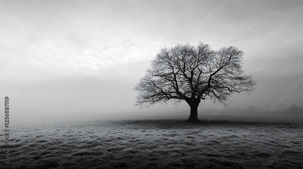Poster lonely tree in a foggy landscape creating a serene monochrome atmosphere : generative ai