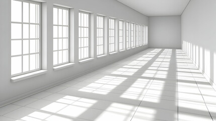 Sunlight streams into long white room, empty space, design