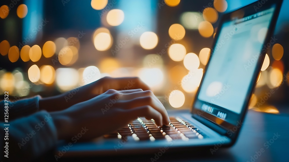 Poster Focused person typing on a laptop with blurred city lights in the background creating a cozy atmosphere : Generative AI