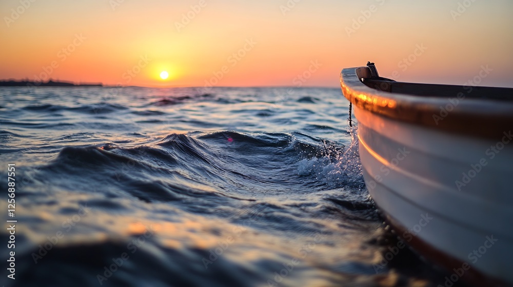 Aufkleber Serene boat gliding through calm waves at sunset with colorful reflections creating a peaceful scene : Generative AI