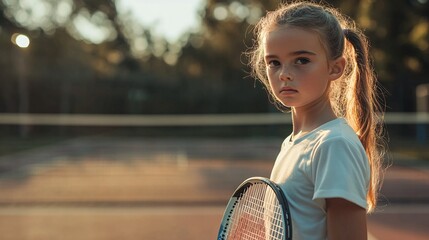 Young girl holding tennis racket on court at sunset