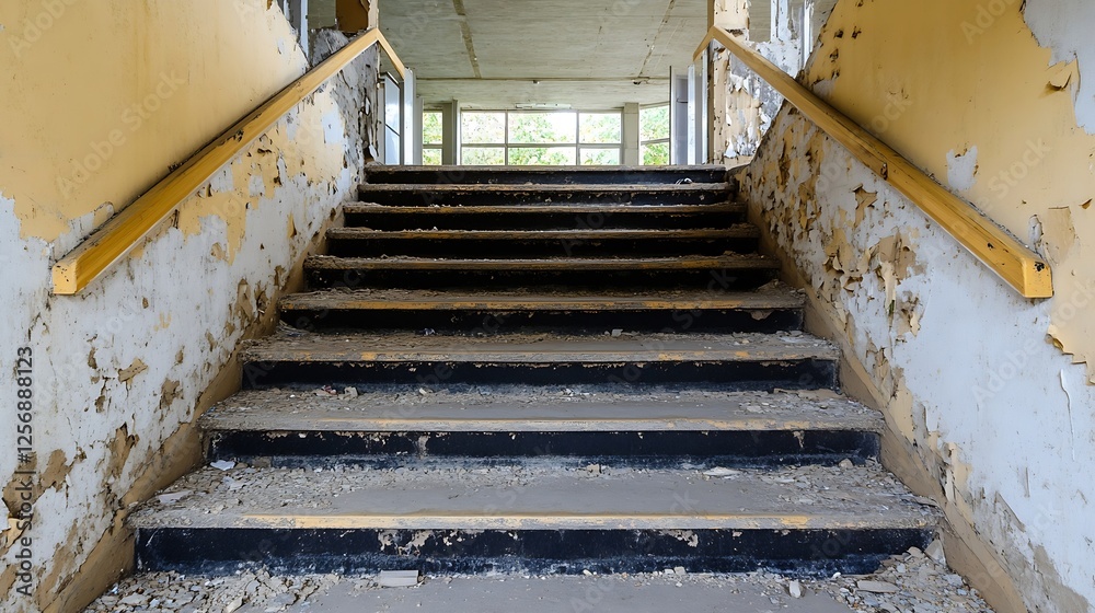 Poster abandoned and derelict staircase with peeling paint revealing the dilapidated state of an old buildi