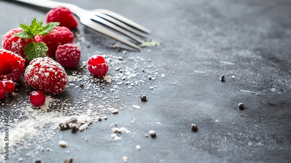 Poster Scattered fresh raspberries and flour on a dark surface with a fork creating a rustic setting : Generative AI