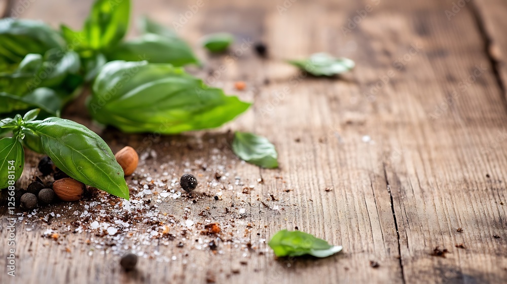 Poster fresh basil leaves and spices scattered on wood background creating an appealing kitchen scene : gen