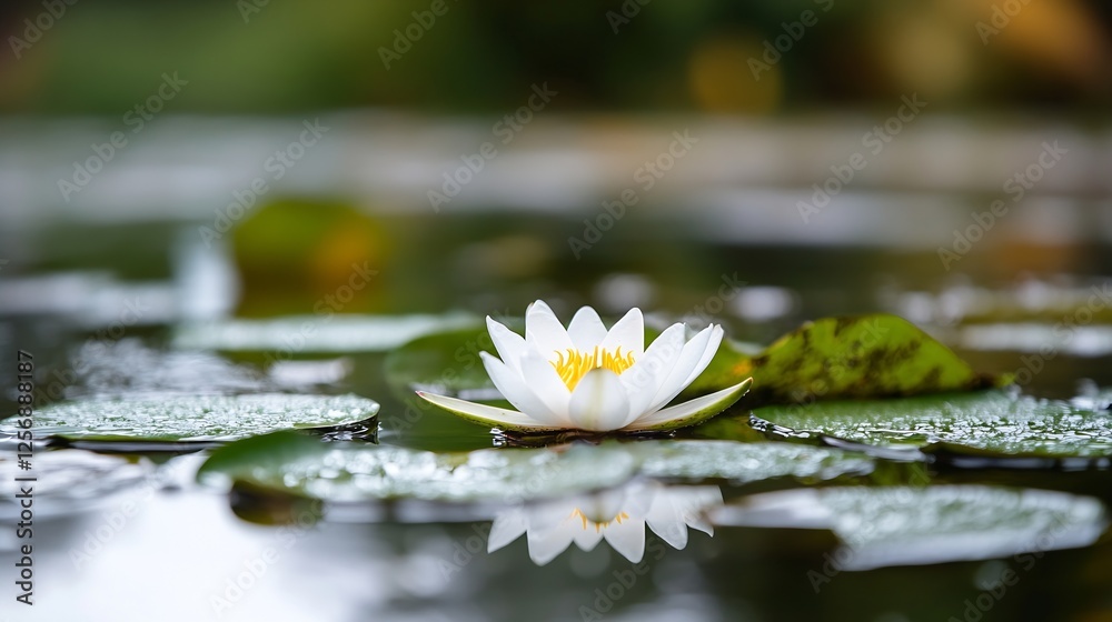Poster beautiful water lily floating on calm pond surface surrounded by green lotus leaves in serene nature