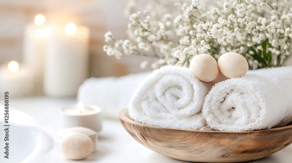Fototapete soft luxurious towels with decorative elements and delicate flowers arranged in a beautiful spa sett