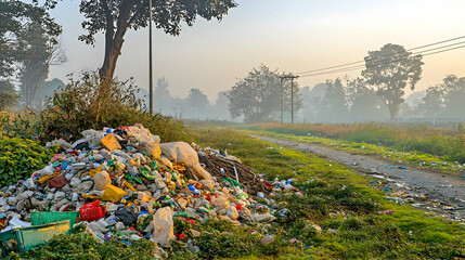 Rural roadside trash pile at dawn