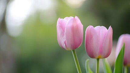 Obraz premium Pair of delicate pink tulip flowers blooming in soft natural light among blurred greenery background : Generative AI