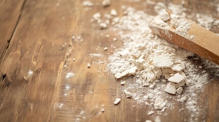 Flour spilled across a wooden surface with a rolling pin adding texture and rustic charm to the scene : Generative AI
