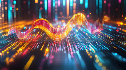Colorful data wave, digital city backdrop