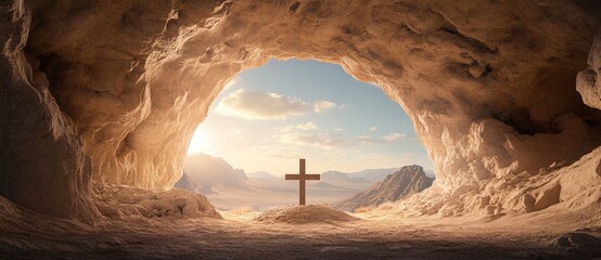 Sunrise over cross in cave desert landscape spiritual scene tranquil environment wide angle view hopeful concept