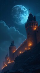 Fototapeta premium A fortress wall under a starry sky, with the moon illuminating its towers and torches