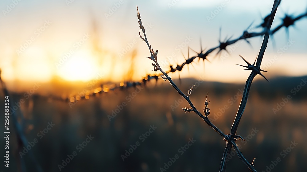 Leinwandbilder closeup of barbed wire with a backdrop of sunset and soft focus on a rustic landscape : generative a