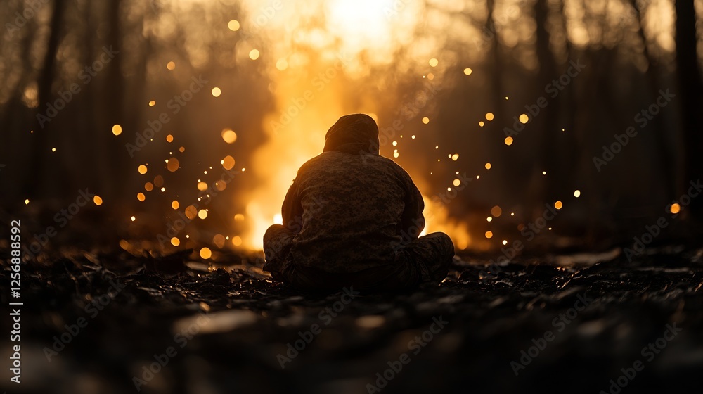Poster silhouetted figure sitting by a campfire with sparks flying during sunset in a tranquil forest setti