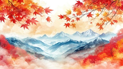 Vibrant autumn landscape with colorful maple leaves framing a serene mountain view at sunrise