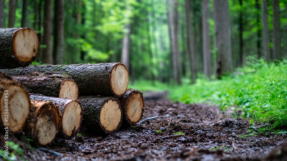 Poster wood logs stacked neatly in a lush green forest creating a serene and natural environment for outdoo