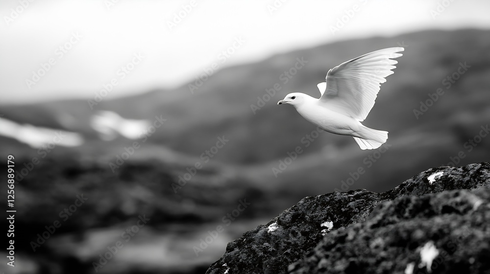 Poster a striking black and white image of a dove soaring gracefully against a mountain backdrop : generati