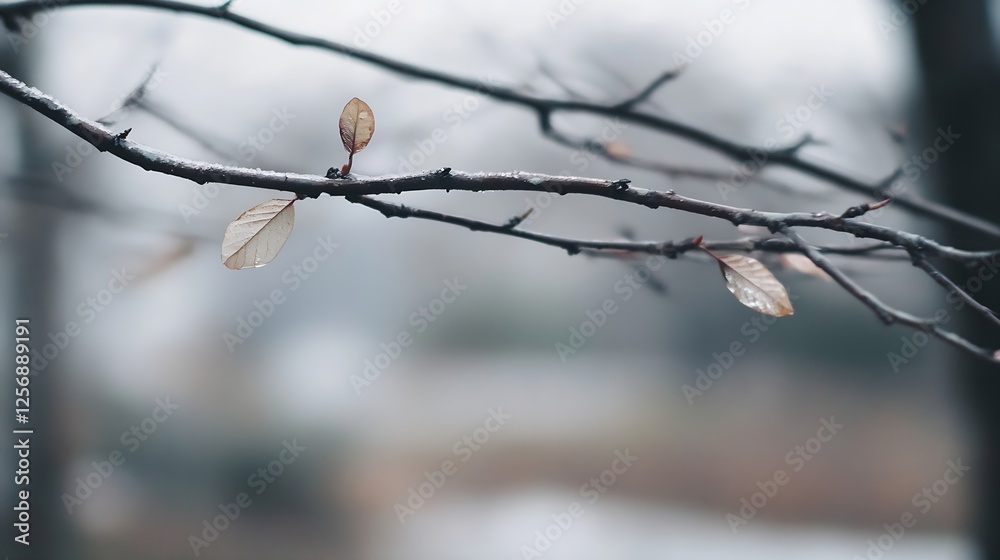 Poster closeup view of winter twigs with the last leaves glistening with rain droplets : generative ai